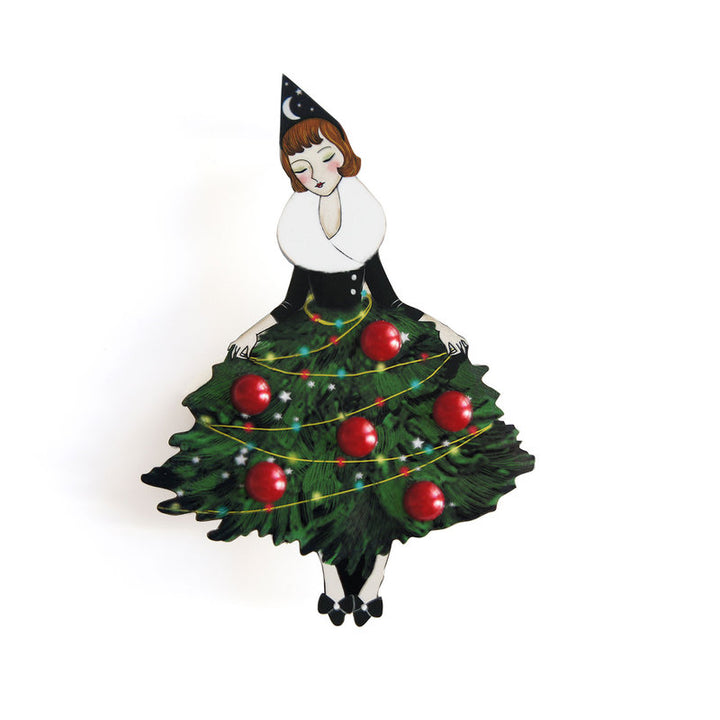 Girl with Christmas Tree Dress Brooch by Laliblue