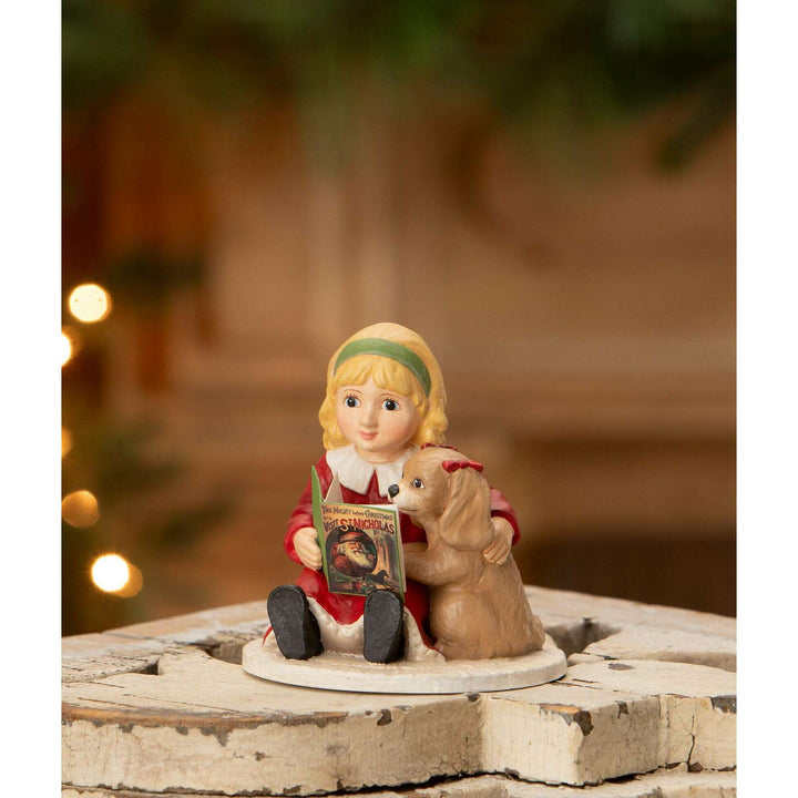 Isla reading to Puppy by Bethany Lowe Designs, christmas decor