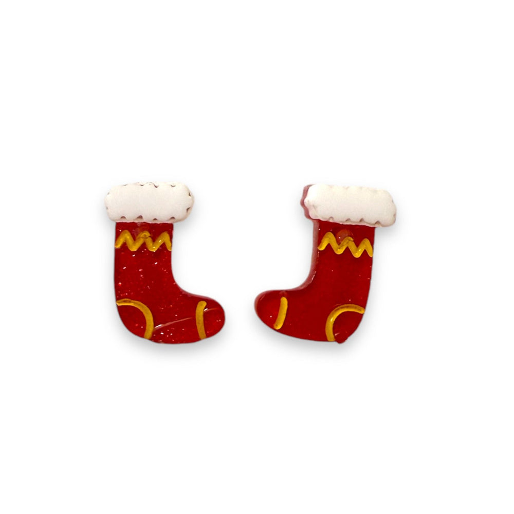 Itty-Bitty Stocking Earrings by Lipstick & Chrome — tiny Christmas stocking drop earrings in glitter jelly resin