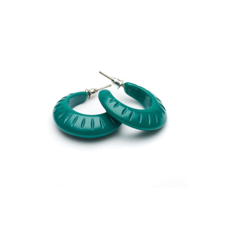 Jade Green Heavy Carve Fakelite Hoop Earrings by Splendette image