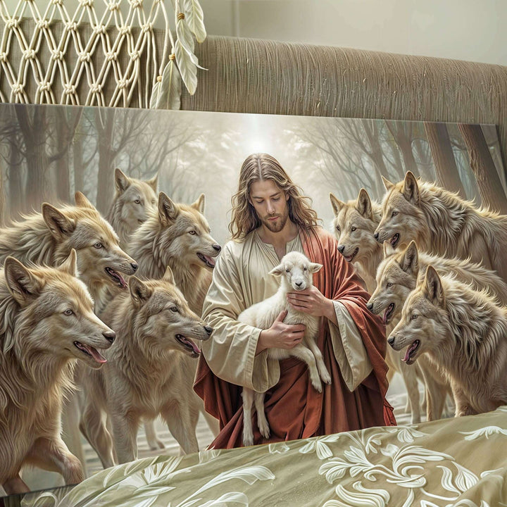 Jesus Protects The Lamb From Wolves Faith Wall Art II