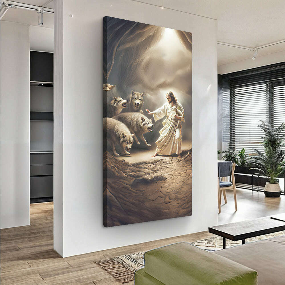 Jesus Protects The Lamb From Wolves Faith Wall Art VII