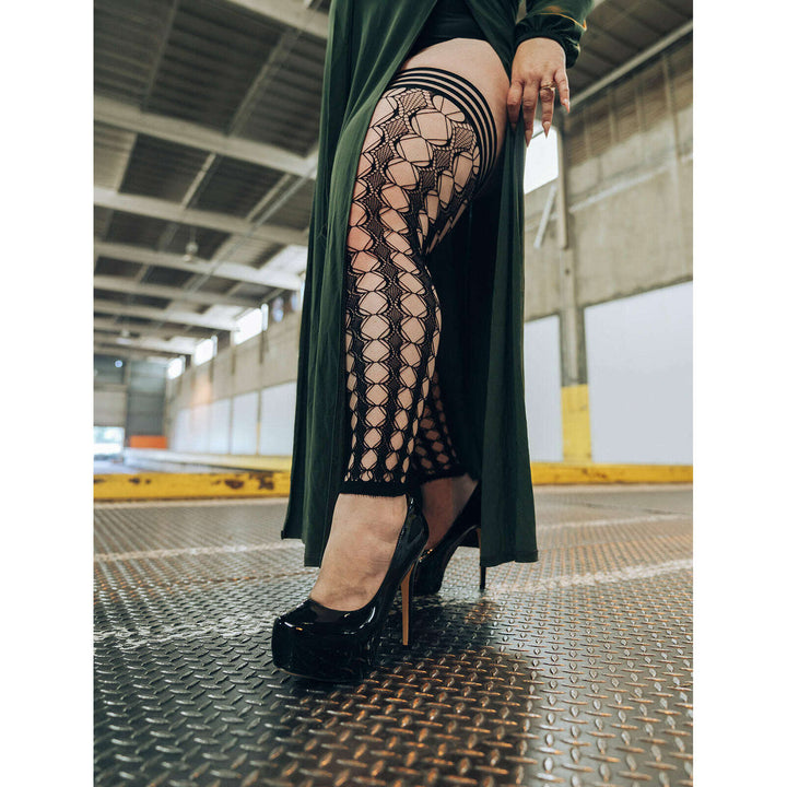 Jo: Footless Black Circle Fishnet Thigh Highs. Petite to Plus Size
