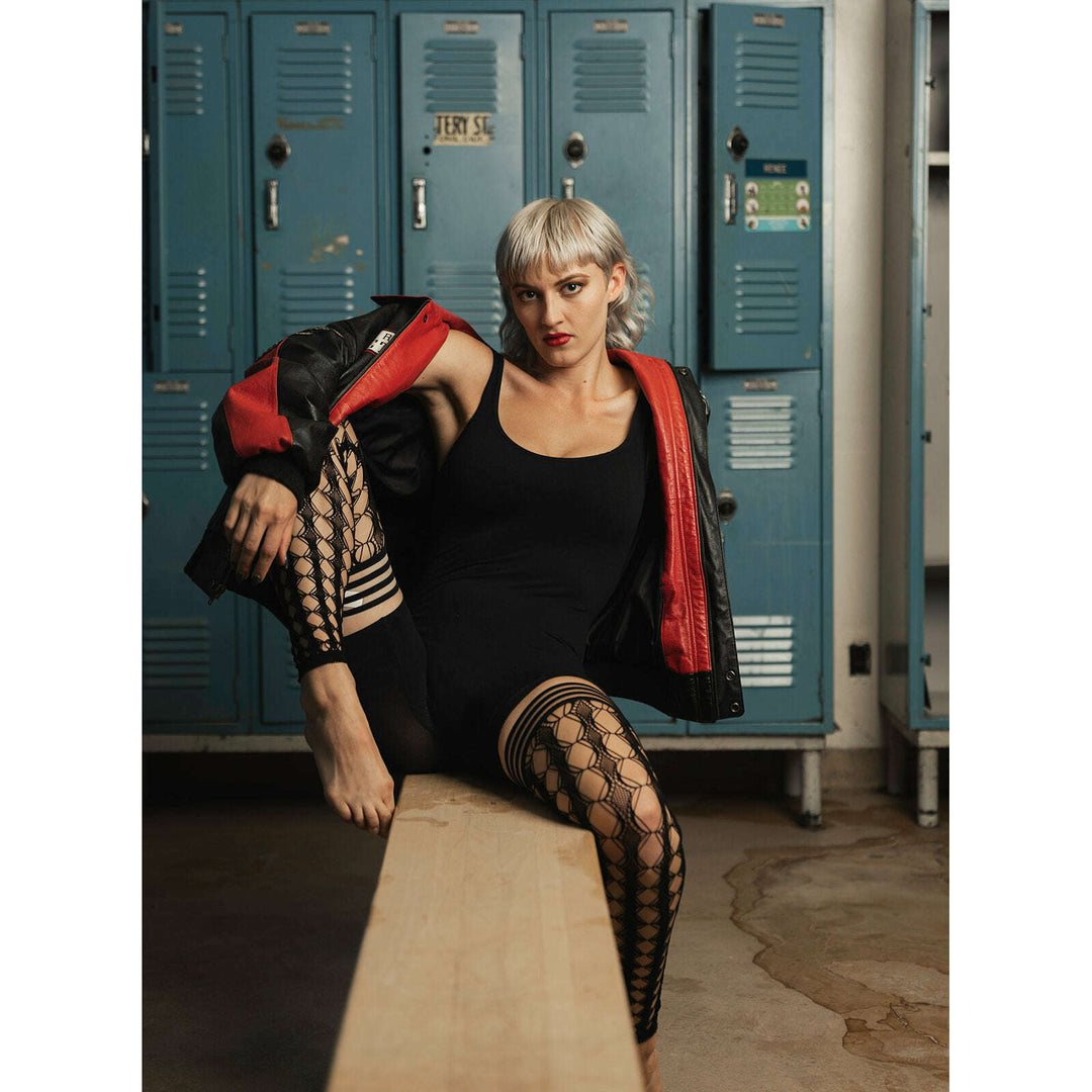Jo: Footless Black Circle Fishnet Thigh Highs. Petite to Plus Size