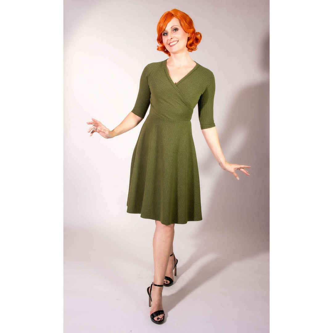Joanie Knit Dress 3/4 Sleeve - Olive, Brushed Rib Knit