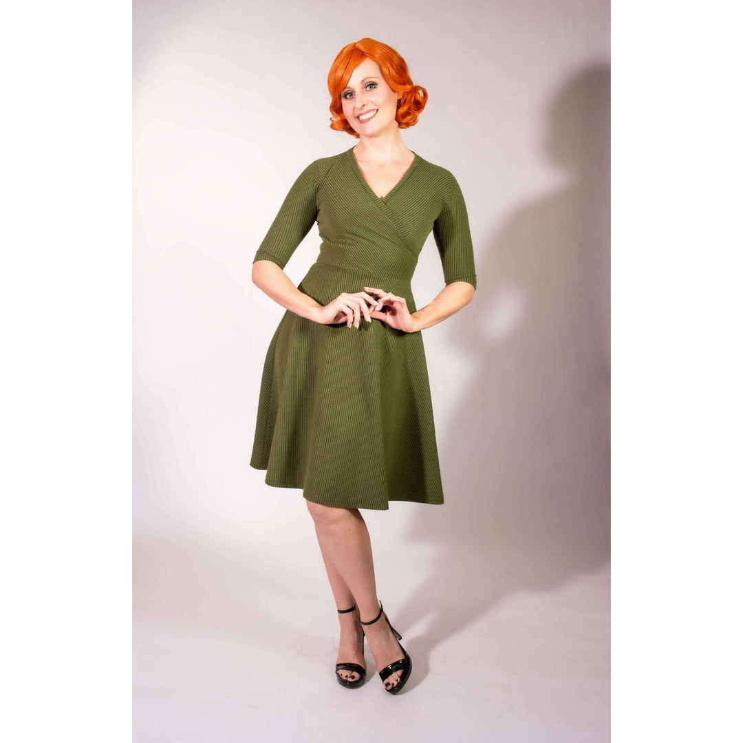 Joanie Knit Dress 3/4 Sleeve - Olive, Brushed Rib Knit