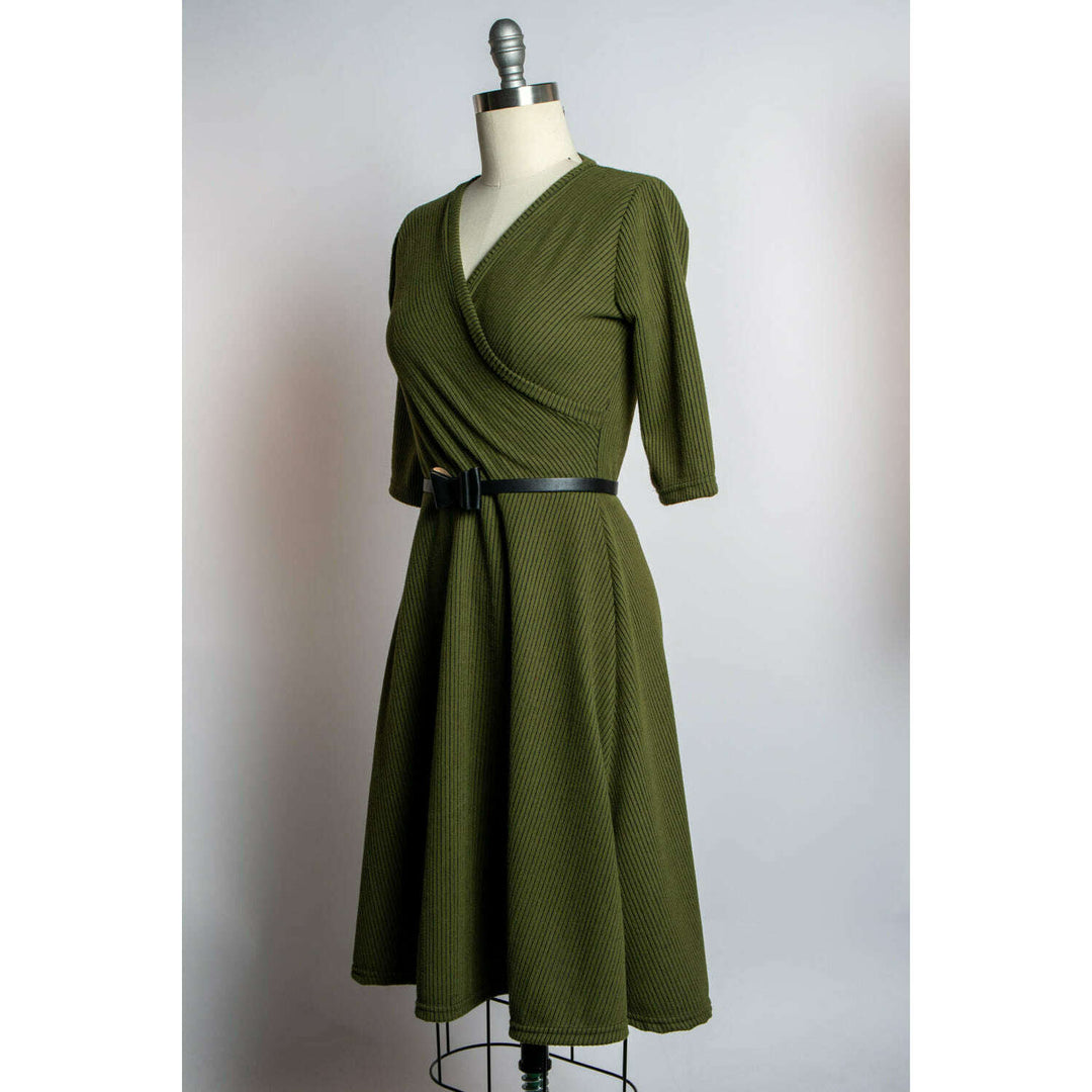 Joanie Knit Dress 3/4 Sleeve - Olive, Brushed Rib Knit