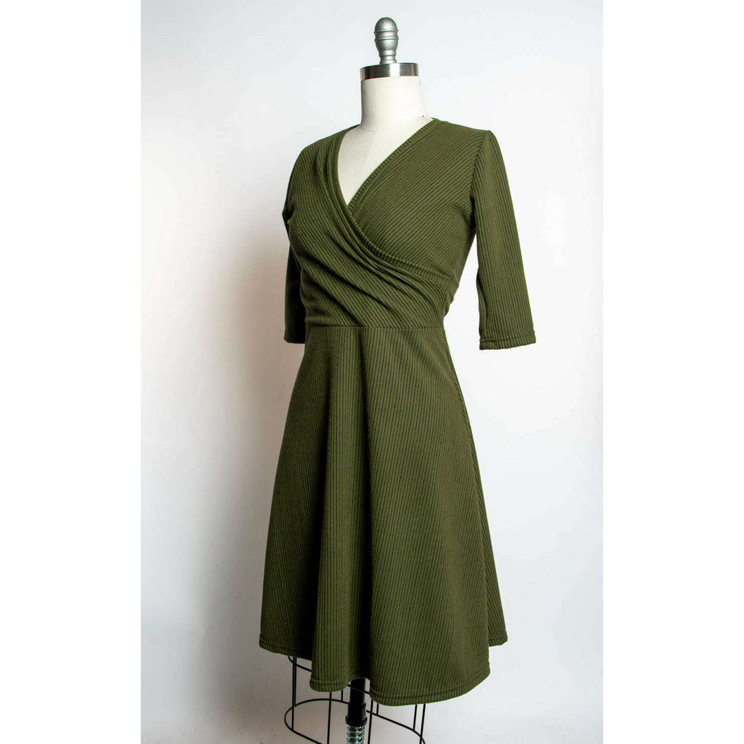 Joanie Knit Dress 3/4 Sleeve - Olive, Brushed Rib Knit