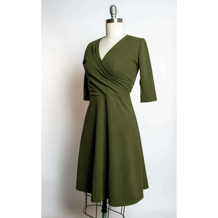 Joanie Knit Dress 3/4 Sleeve - Olive, Brushed Rib Knit