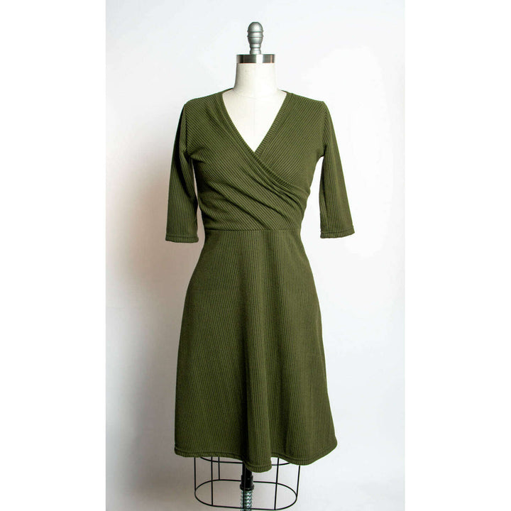Joanie Knit Dress 3/4 Sleeve - Olive, Brushed Rib Knit
