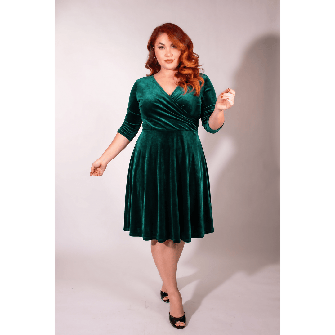 Joanie Knit Dress 3/4 Sleeve - Stretch Velvet, Hunter Green