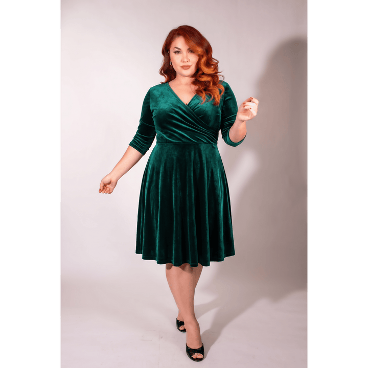 Joanie Knit Dress 3/4 Sleeve - Stretch Velvet, Hunter Green