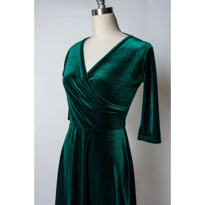Joanie Knit Dress 3/4 Sleeve - Stretch Velvet, Hunter Green