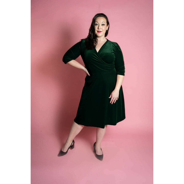 Joanie Knit Dress 3/4 Sleeve - Stretch Velvet, Hunter Green