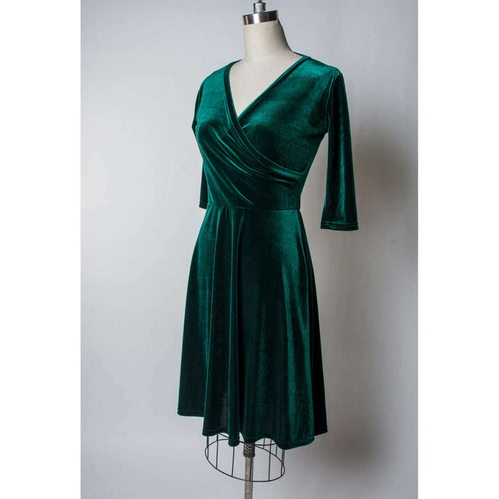 Joanie Knit Dress 3/4 Sleeve - Stretch Velvet, Hunter Green