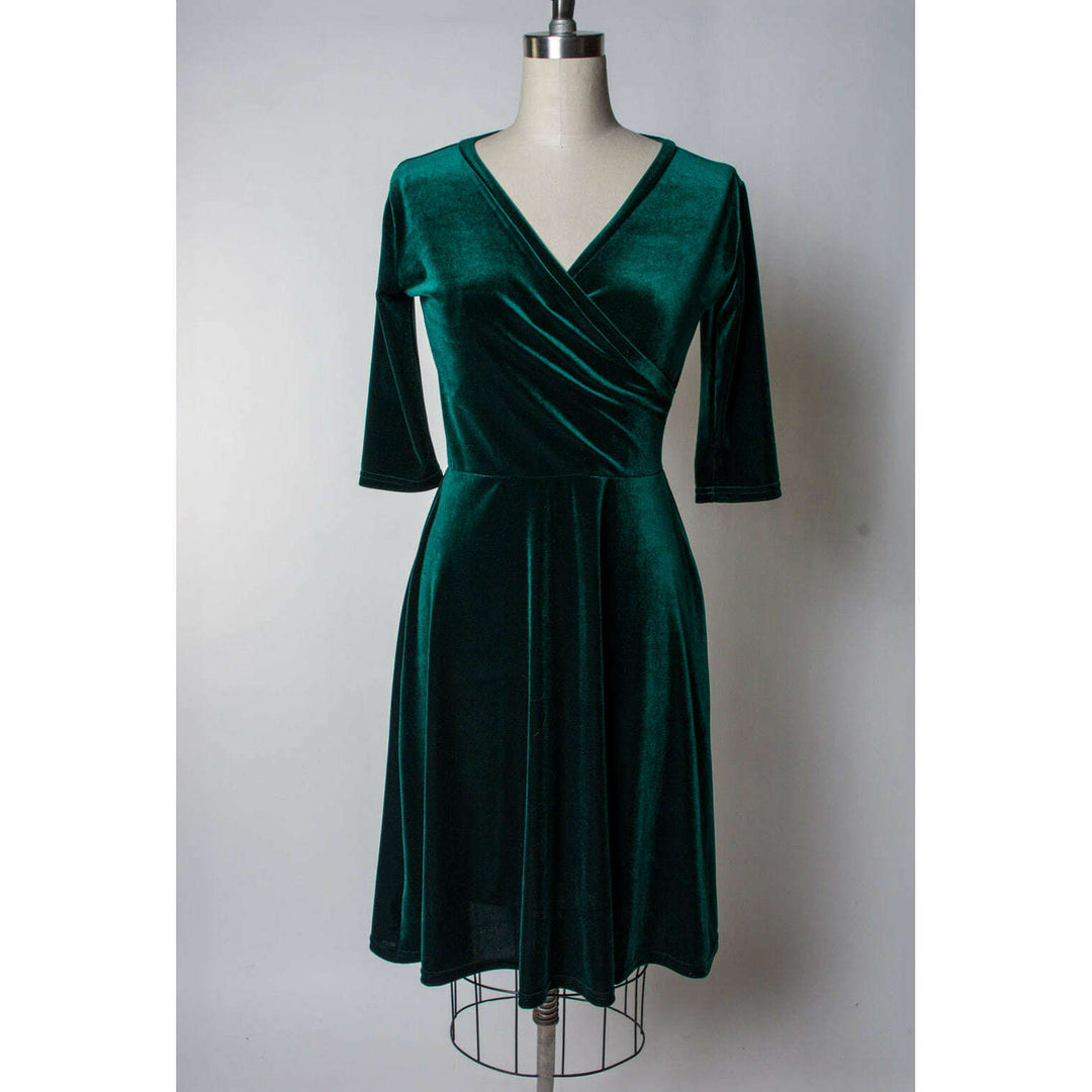 Joanie Knit Dress 3/4 Sleeve - Stretch Velvet, Hunter Green