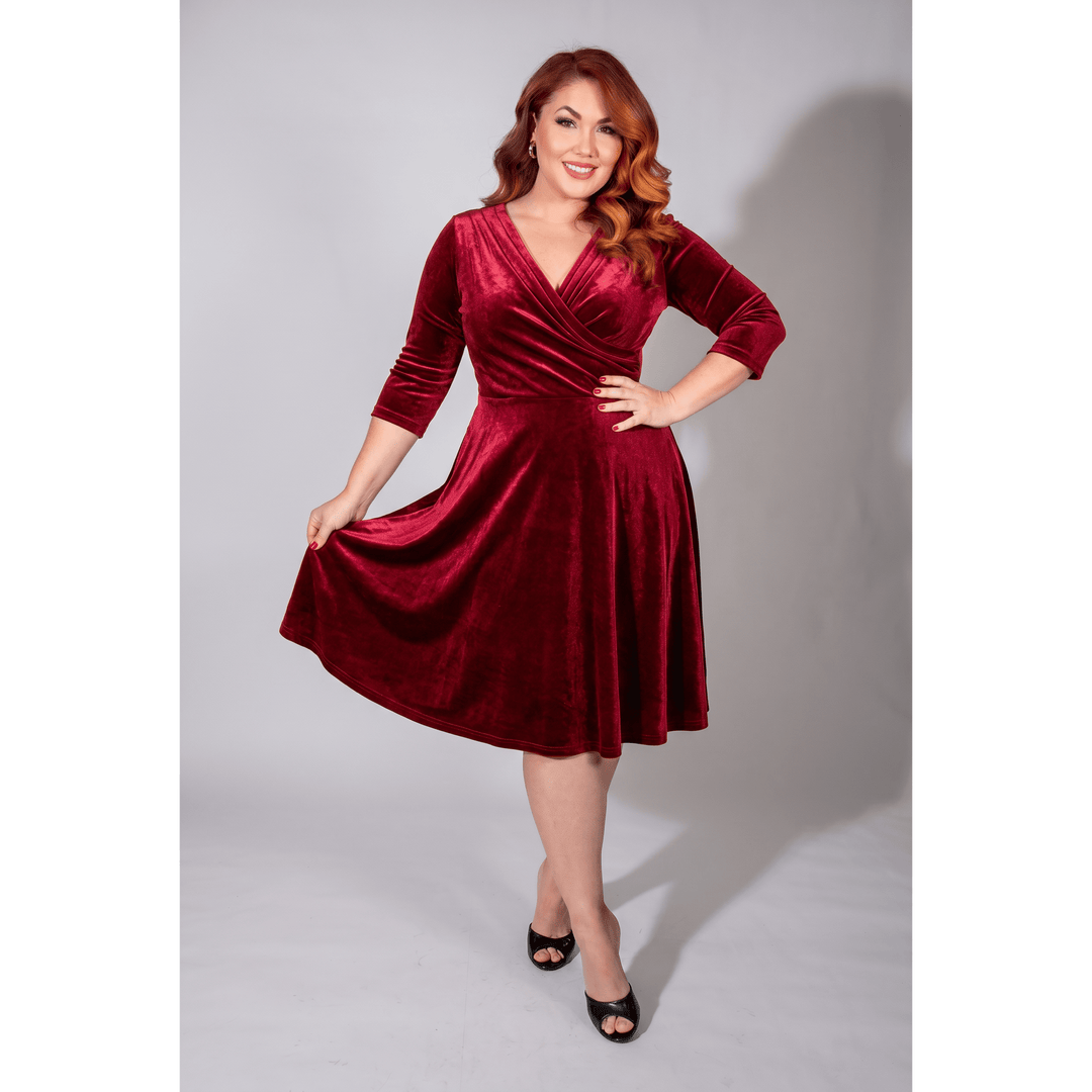 Joanie Knit Dress 3/4 Sleeve - Stretch Velvet, Red