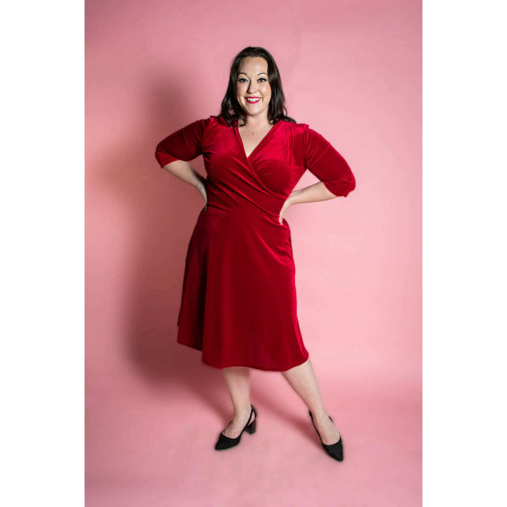 Joanie Knit Dress 3/4 Sleeve - Stretch Velvet, Red