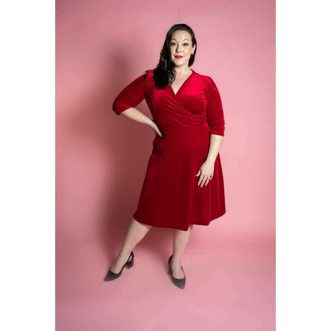 Joanie Knit Dress 3/4 Sleeve - Stretch Velvet, Red