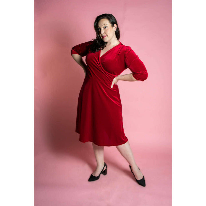 Joanie Knit Dress 3/4 Sleeve - Stretch Velvet, Red