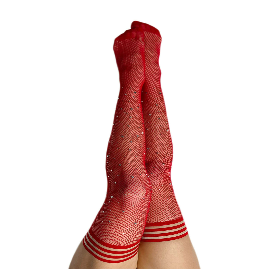 Joely: Red Fishnet Rhinestone Thigh-Highs