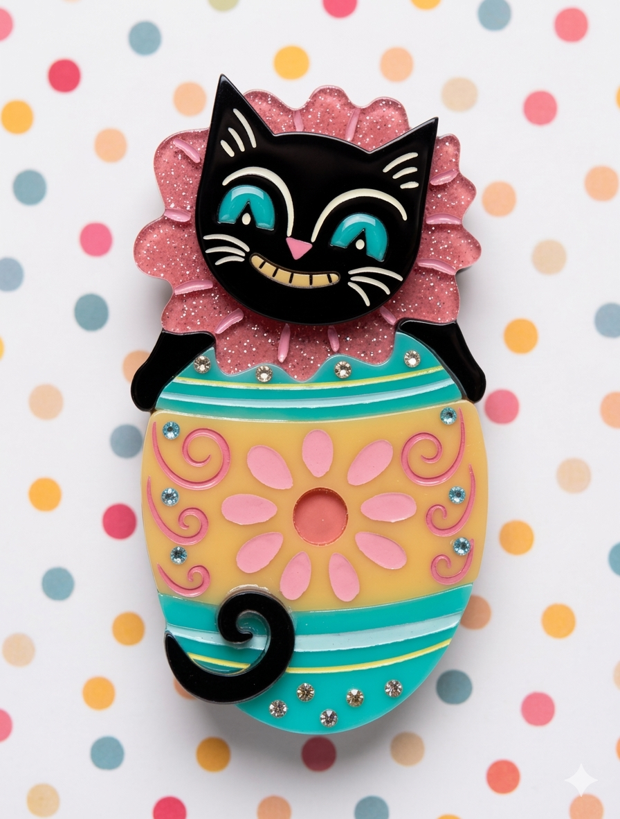 johanna parker Colorful brooch with a black cat design on a polka dot background