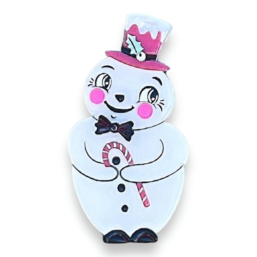 Decorative snowman with a top hat, bow tie, and candy cane by johanna parker