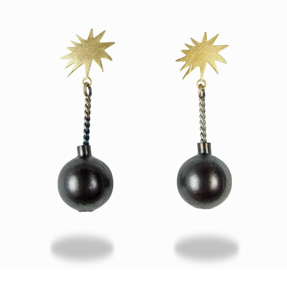 Chickenscratch Kaboom Earrings — handmade 3D brass cartoon bomb earrings with twisted nickel silver wick and flame, surgical steel posts