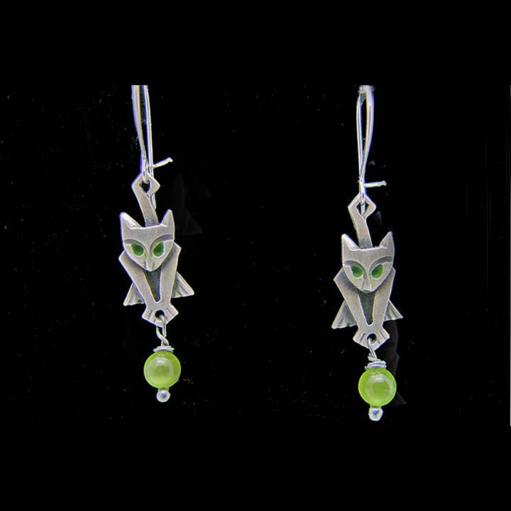 Chickenscratch Kitty Earrings detail — artisan sterling silver cat earrings with glass bead, handmade in USA