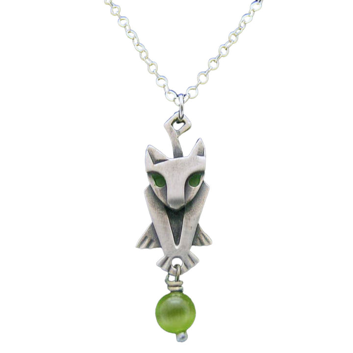 Chickenscratch Kitty Necklace — cast sterling silver cat charm necklace with green enamel accents and green glass bead dangle on 18-inch sterling silver chain