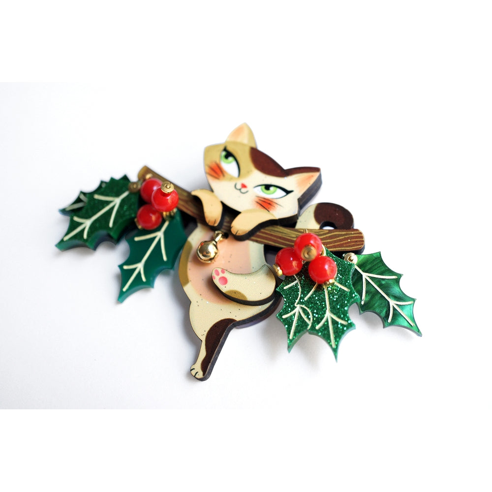 Kitty on A Holly Branch Brooch by Laliblue 2