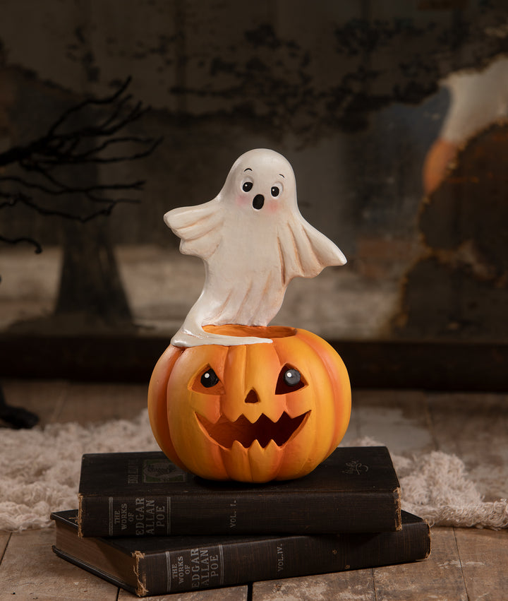 Ghost on Jack O'Lantern by Bethany Lowe Designs, halloween decor