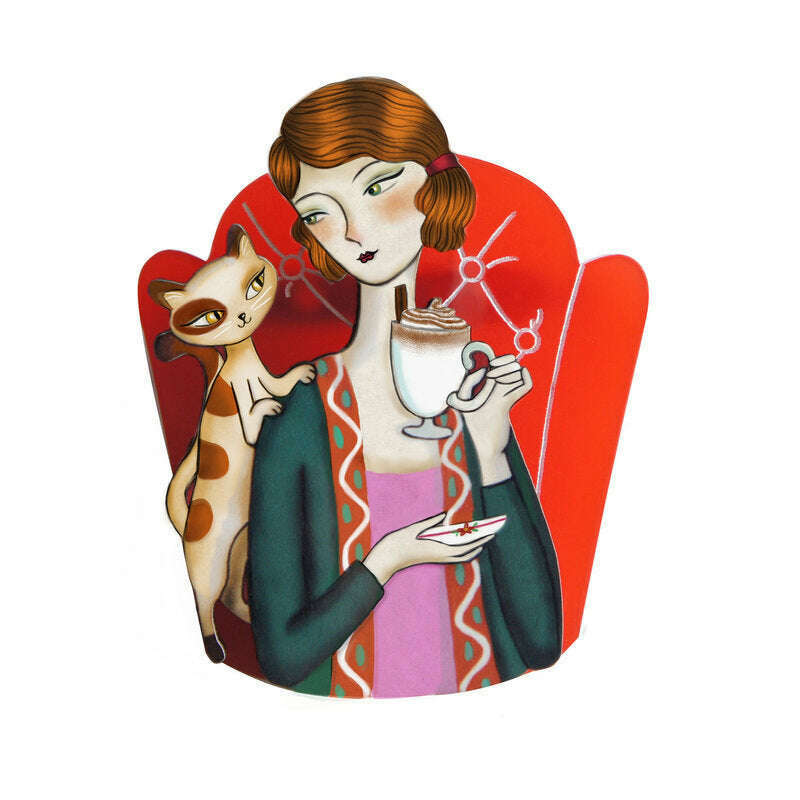 Girl and Cat with Eggnog Brooch