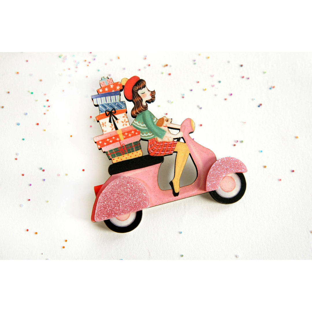 Girl on Scooter with Gifts Brooch by Laliblue