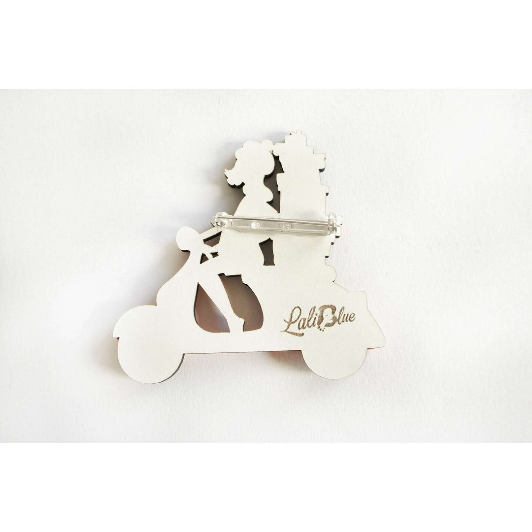 Girl on Scooter with Gifts Brooch by Laliblue
