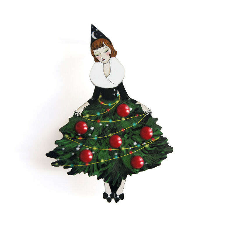 Girl with Christmas Tree Dress Brooch by Laliblue