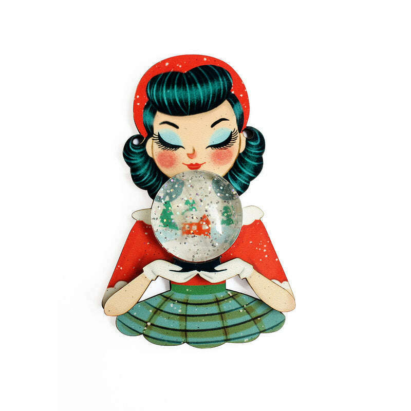 Girl with Snowman Snow Globe Brooch
