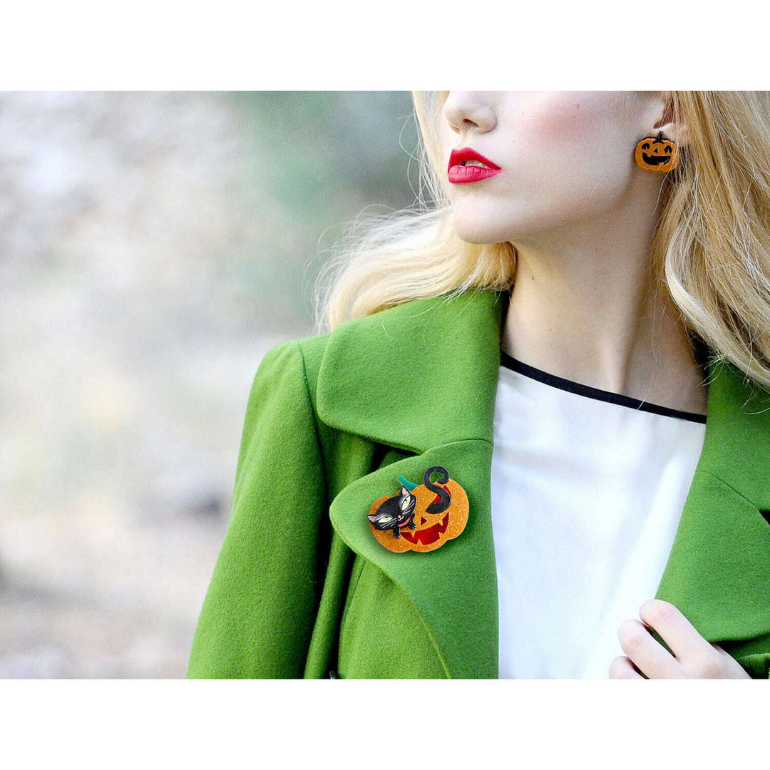 Pumpkin with Black Kitten Brooch by Laliblue