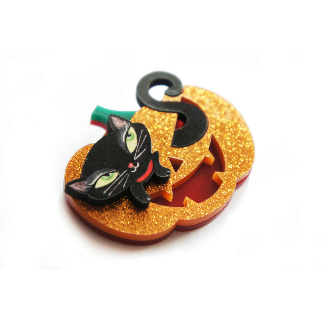Pumpkin with Black Kitten Brooch by Laliblue