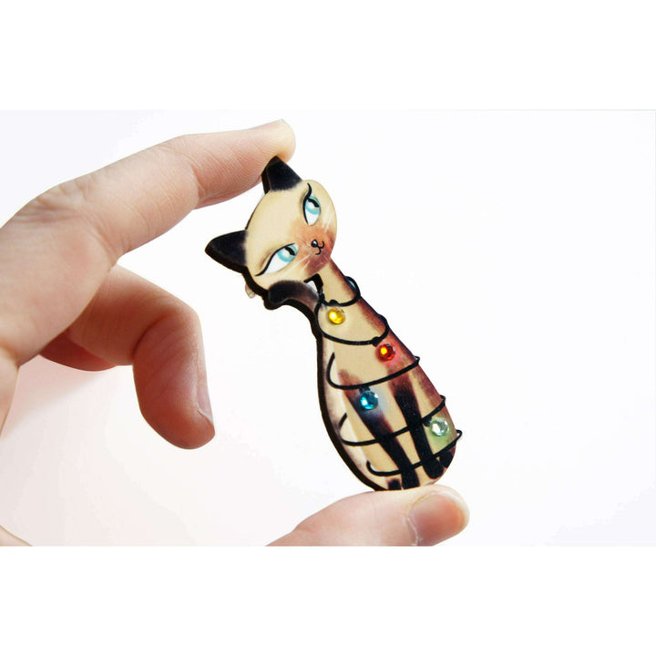 Siamese Cat with Christmas Lights Brooch