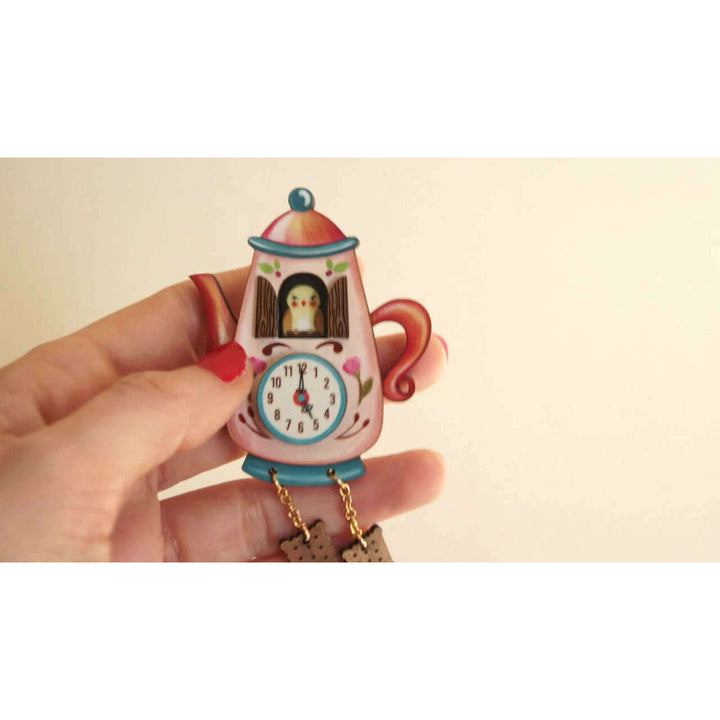 Teapot Clock Brooch by Laliblue