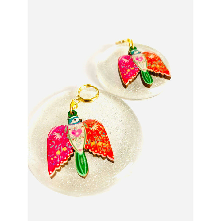 Large Bird Dangle Earrings on Huggie Hoops by Rosie Rose Parker