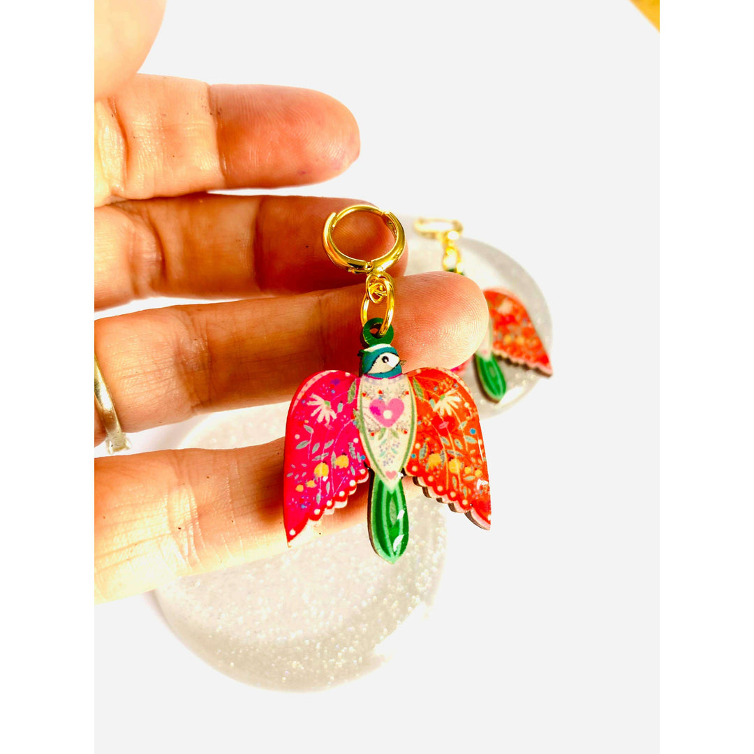 Large Bird Dangle Earrings on Huggie Hoops by Rosie Rose Parker