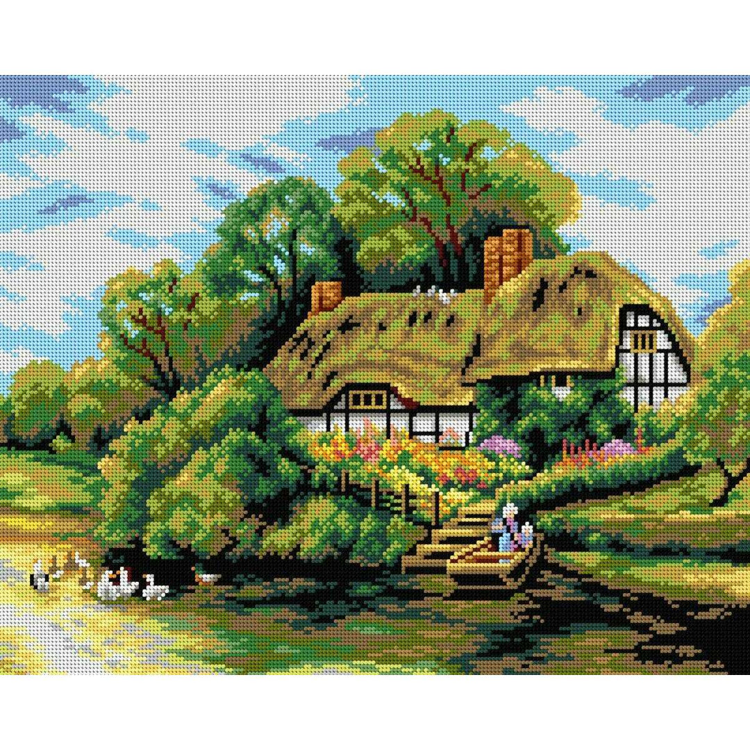 Large Cottage by a River 2704M Needlepoint canvas for halfstitch without yarn