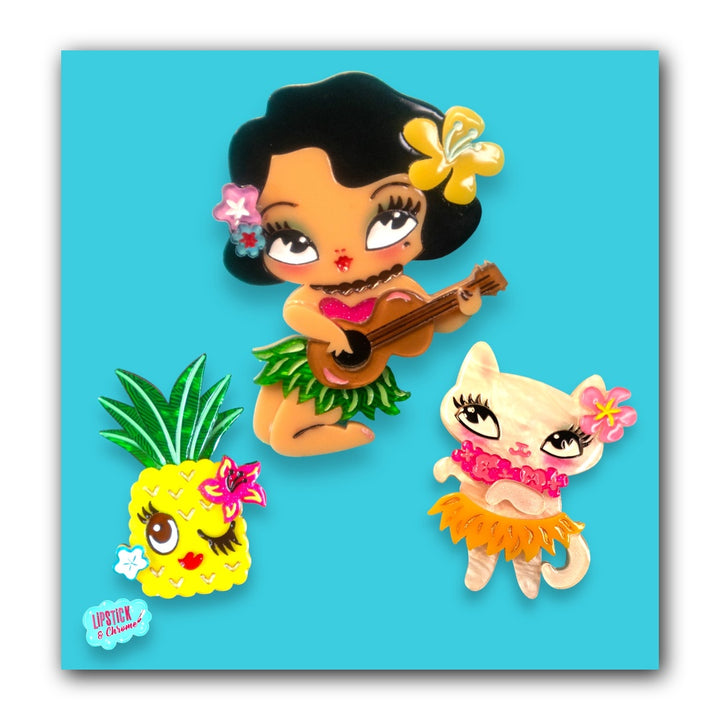 Miss Fluff Tiki Bundle — 3 Tropical Brooches | Lipstick & Chrome