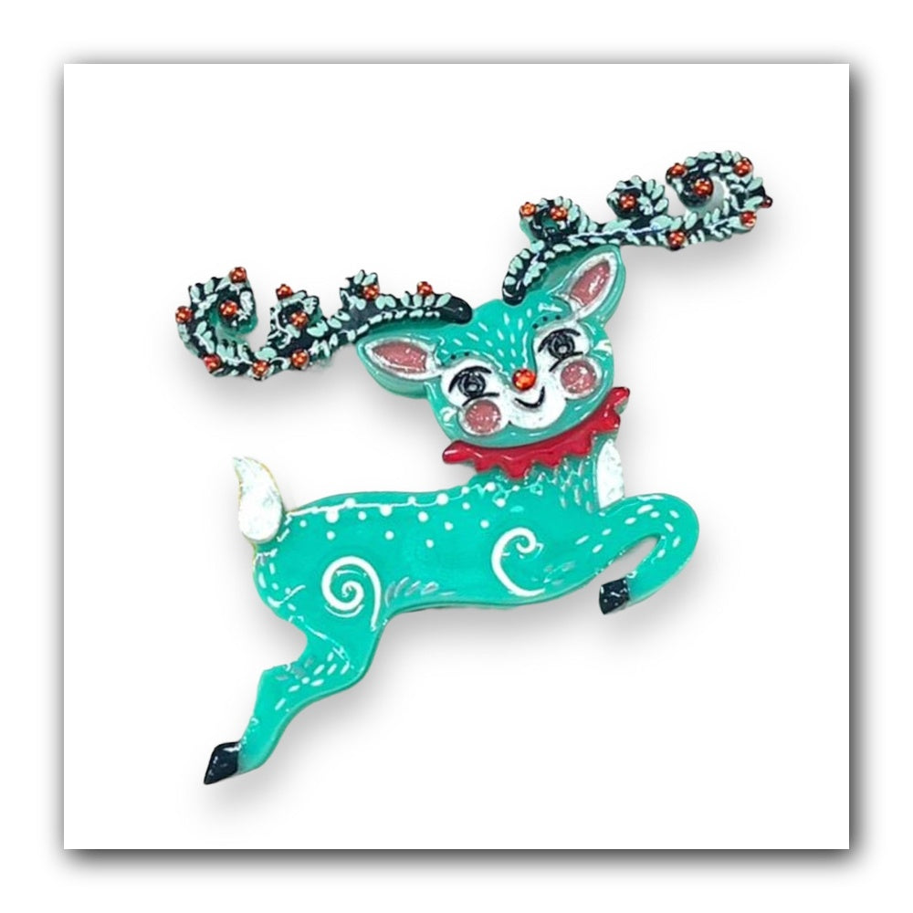 Fawna Fir Top Leaping Reindeer Brooch by Johanna Parker x Lipstick & Chrome — Folk Art Christmas Reindeer Pin