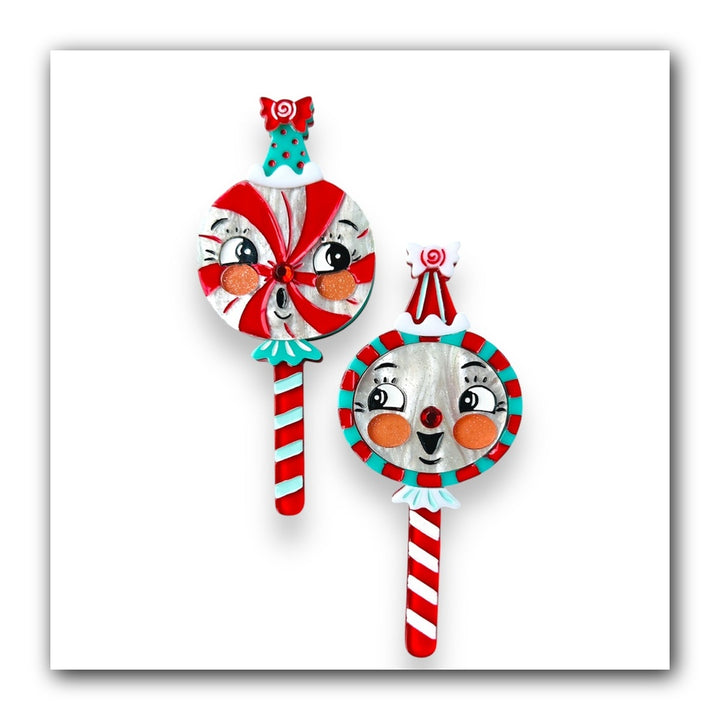 Merrymints Brooch Set by Johanna Parker x Lipstick & Chrome — Folk Art Christmas Candy Brooch Duo