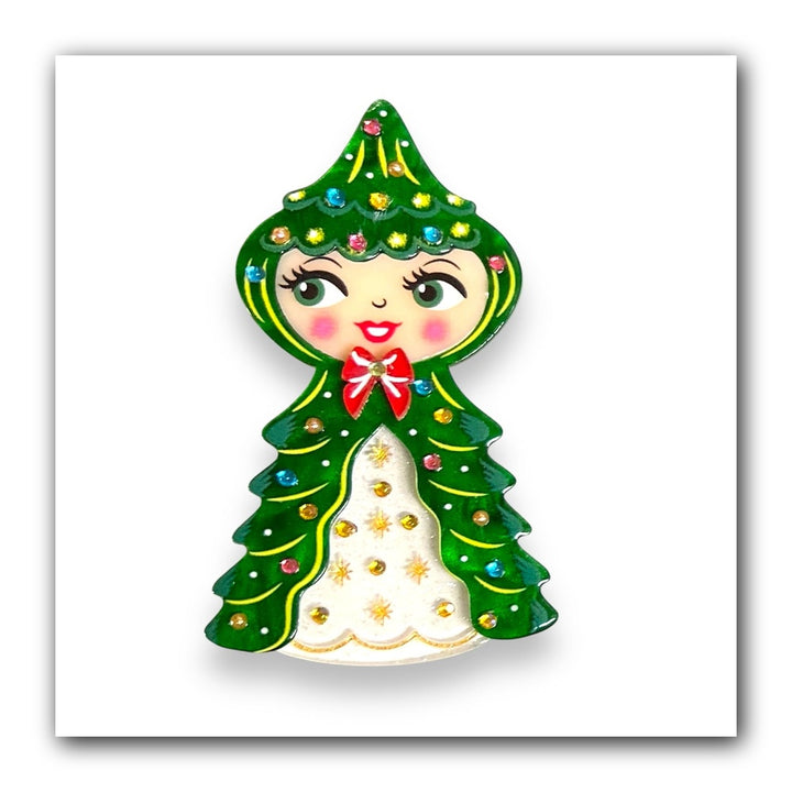 Holly Howard Tree Girl Brooch by Lipstick & Chrome x 50s Vintage Dame — Vintage Christmas Tree Acrylic Pin