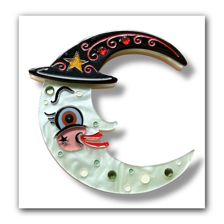 Witchy Crescent Moonhilda Brooch by Johanna Parker x Lipstick & Chrome — Folk Art Moon Witch Pin