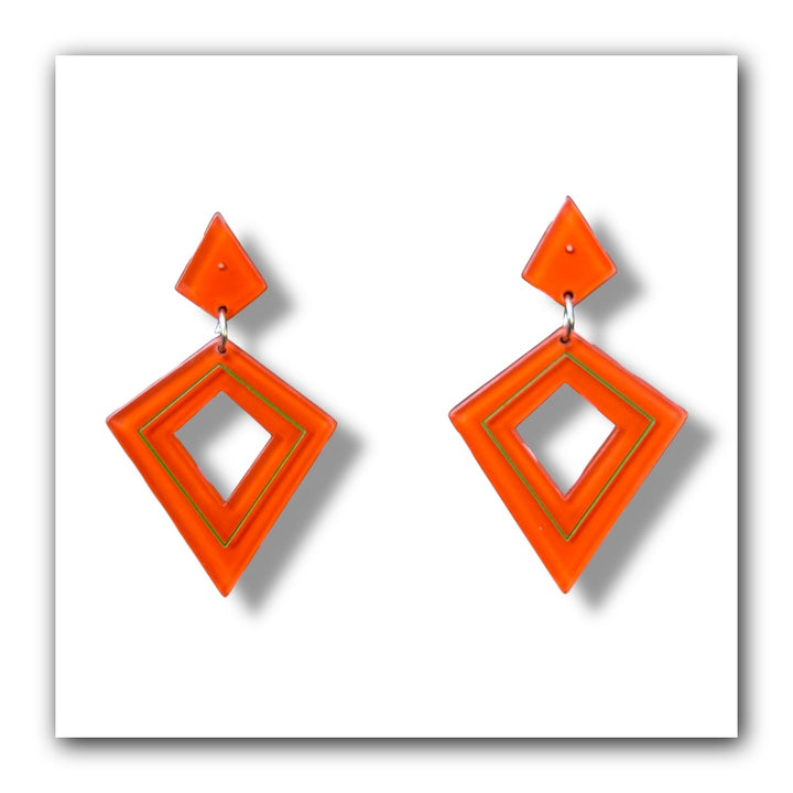 Retro Diamond Dangle Earrings by Lipstick & Chrome — Orange Vintage Acrylic Drop Earrings